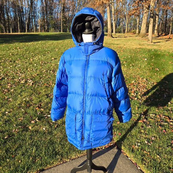 Men's Lands' End Reversible Goose Down Puffer Jacket Blue Black Hood sz Lg 42-44
